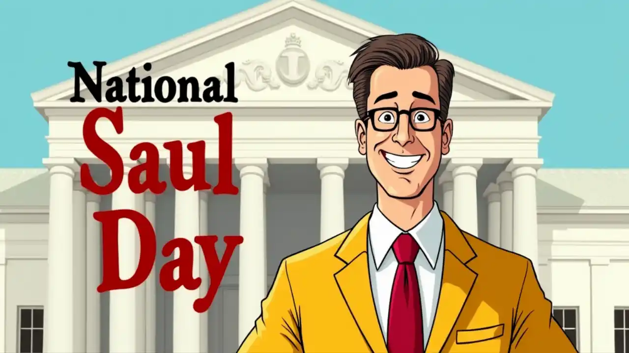 A cartoon illustration of Saul Goodman from Breaking Bad/Better Call Saul, wearing his signature colorful suit and confident smile, standing in front of a courthouse with "National Saul Day" text overlaid in bold, retro-style lettering