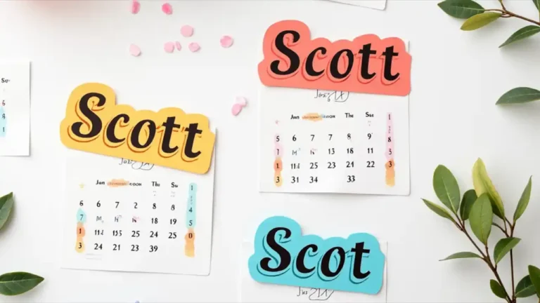 A calendar page highlighting "National Scott Day" with a playful font and decorative elements, featuring a collection of name tags reading "Hello, my name is Scott" arranged in a fun pattern