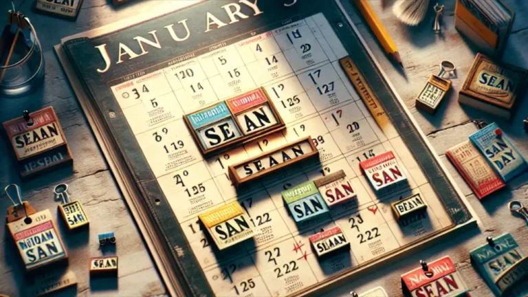 A calendar page highlighting January 30th with "National Sean Day" written in bold text, featuring a collection of name tags with various spellings of "Sean" scattered around the date