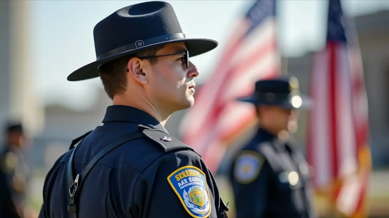 A uniformed security officer standing vigilantly at attention with the national flag in the background, symbolizing protection and dedication to national safety