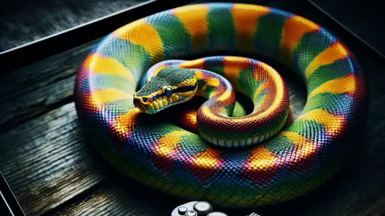 A stylized illustration of a coiled snake with vibrant scales, set against a dark background, symbolizing the celebration of National Serpent Day