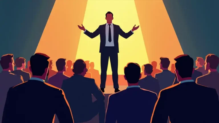 A person standing on a stage, gesturing inspirationally to a diverse crowd while a bright spotlight illuminates their positive leadership role, symbolizing the impact of setting a good example for others