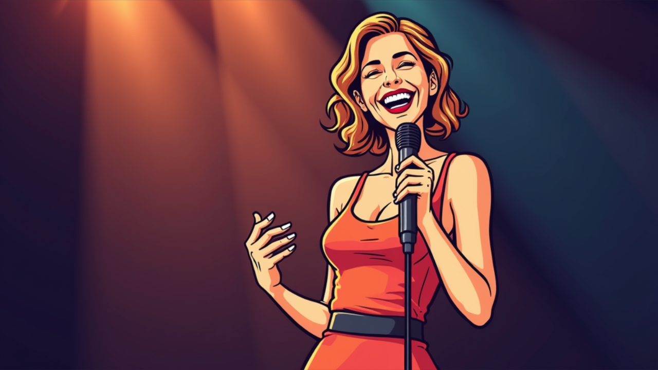 A smiling female comedian performing on stage with a microphone in hand, spotlights illuminating her confident stance as she delivers her punchline.