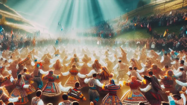 Celebration of National Skibidi Day with people dancing joyfully in colorful outfits