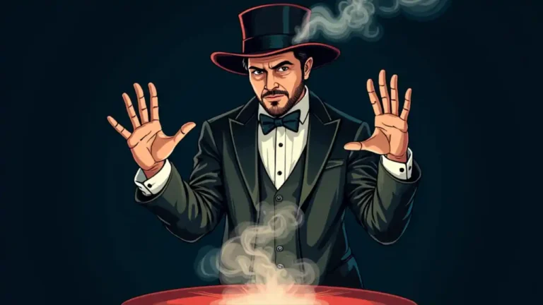 A magician's hands performing a classic smoke illusion while manipulating mirrors, creating a mystical atmosphere against a dark background