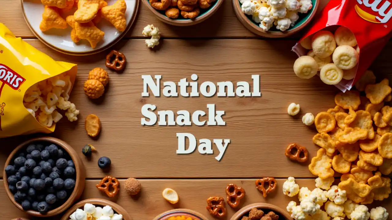 A colorful spread of popular snacks including potato chips, popcorn, pretzels, and mixed nuts arranged on a rustic wooden table with festive garnish, celebrating National Snack Day