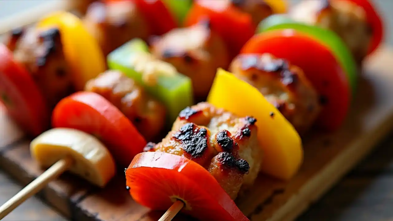 A wooden stick skewered with colorful bite-sized foods including grilled vegetables, meat chunks, and fresh fruit pieces arranged in a visually appealing pattern against a white background