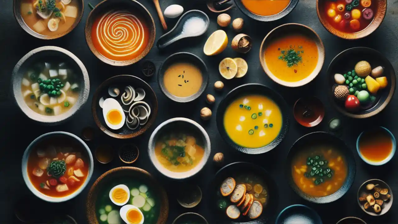 A colorful assortment of various soups in bowls, celebrating National Soup Day