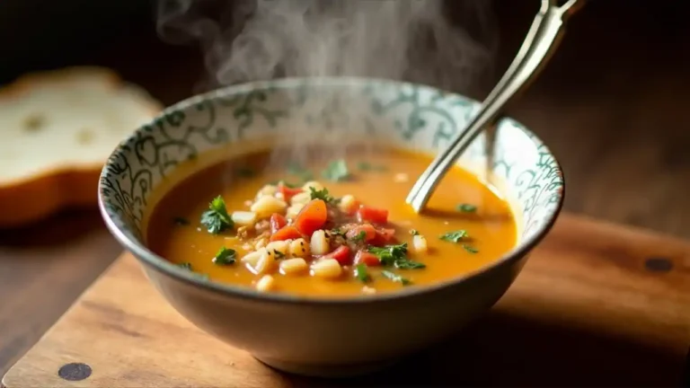 A steaming bowl of homemade soup with a ladle and a handwritten note saying "Made with love," symbolizing the act of sharing comfort food with others