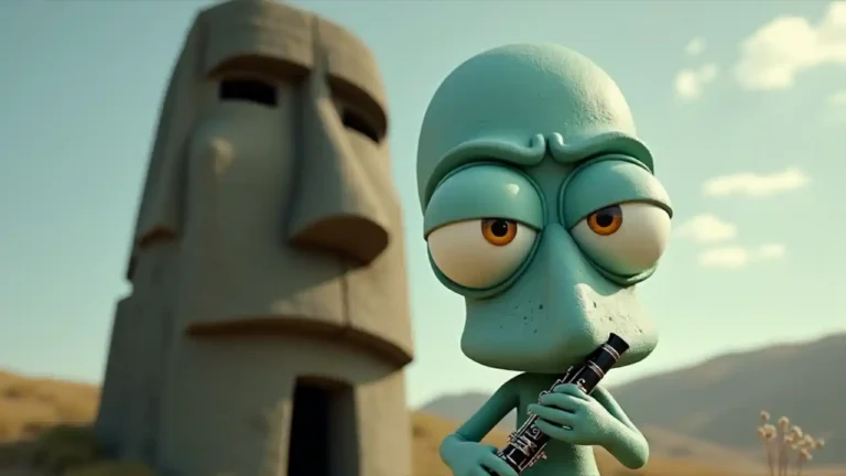 A cartoon illustration of Squidward Tentacles from SpongeBob SquarePants, standing proudly with his clarinet, wearing his typical grumpy yet dignified expression against the backdrop of his Easter Island head house.