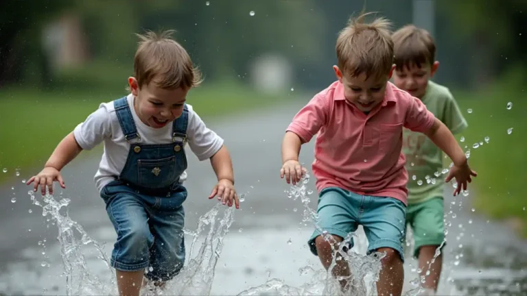 Children joyfully splashing in a puddle on a rainy day