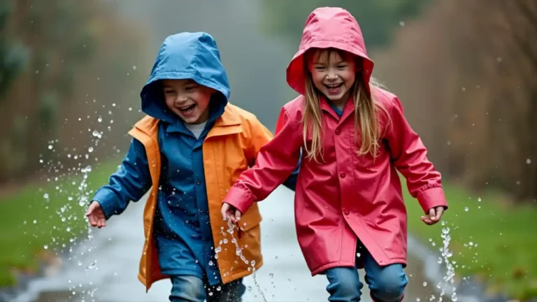 Children joyfully splashing in a puddle on a rainy day
