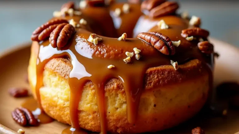 A gooey, golden-brown sticky bun with pecans and caramel sauce dripping down its sides, placed on a rustic wooden plate
