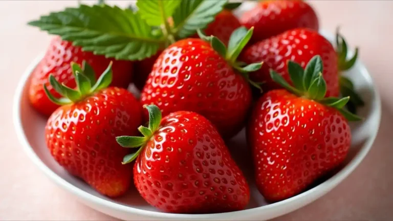 A fresh, ripe strawberry with vibrant red color and green leaves on a white background, showcasing its natural beauty and juicy texture.