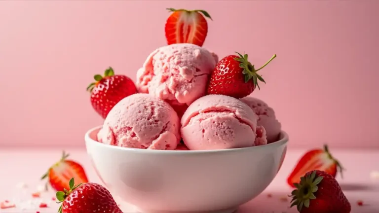 A colorful bowl of strawberry ice cream topped with fresh strawberries, celebrating National Strawberry Ice Cream Day