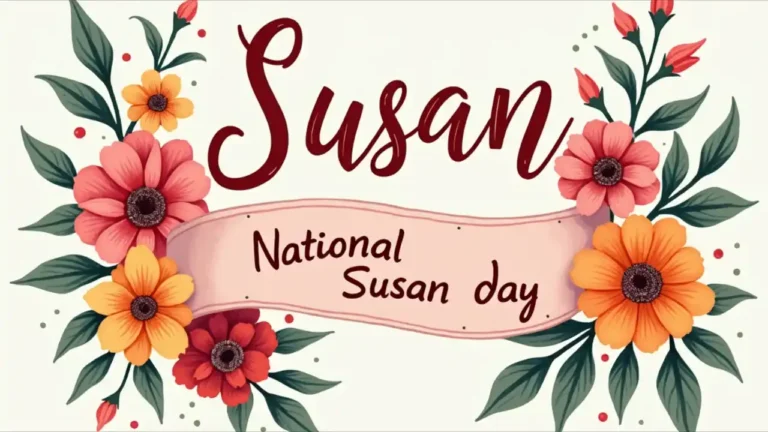 A decorative banner featuring the name "Susan" in elegant script, adorned with colorful flowers and a calendar date highlighting National Susan Day celebration