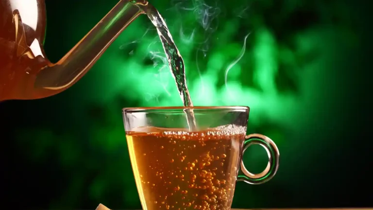 Hot green tea in a glass teapot and cup - National Tea Day