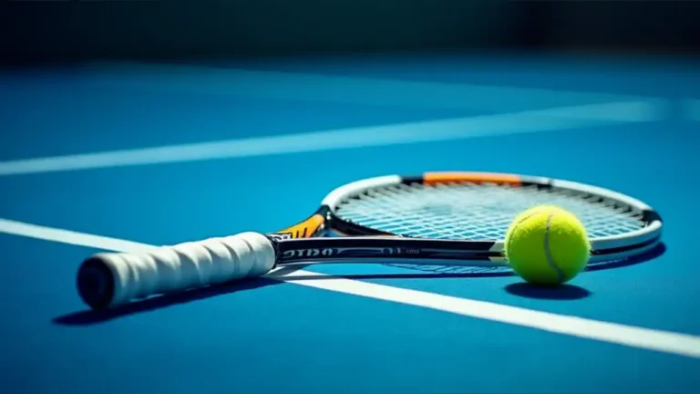 A tennis racket and ball resting on a vibrant blue tennis court, with dramatic lighting highlighting the iconic equipment against the playing surface.
