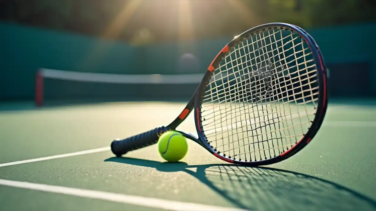 Tennis racket and ball on a professional court with "National Tennis Pro Day" text overlay against a sunny backdrop