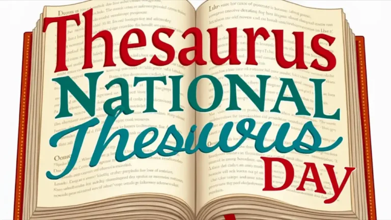 Colorful illustration of a thesaurus with words and definitions, celebrating National Thesaurus Day