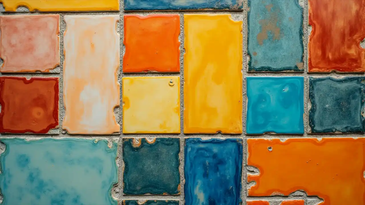 A decorative mosaic of colorful ceramic tiles arranged in a geometric pattern, showcasing various textures and finishes to celebrate National Tile Day