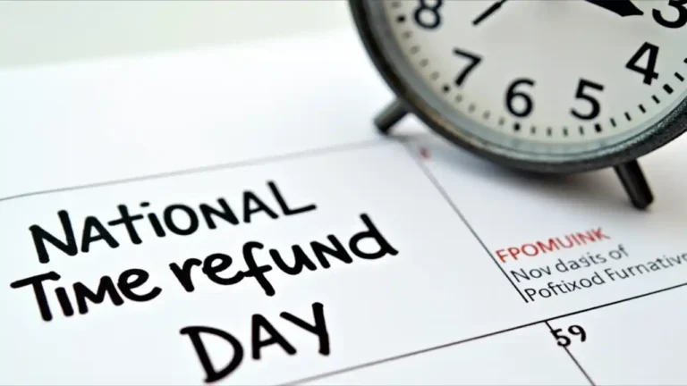 A calendar page highlighting "National Time Refund Day" with a clock icon and tax refund symbols merging together, symbolizing the intersection of time management and financial returns
