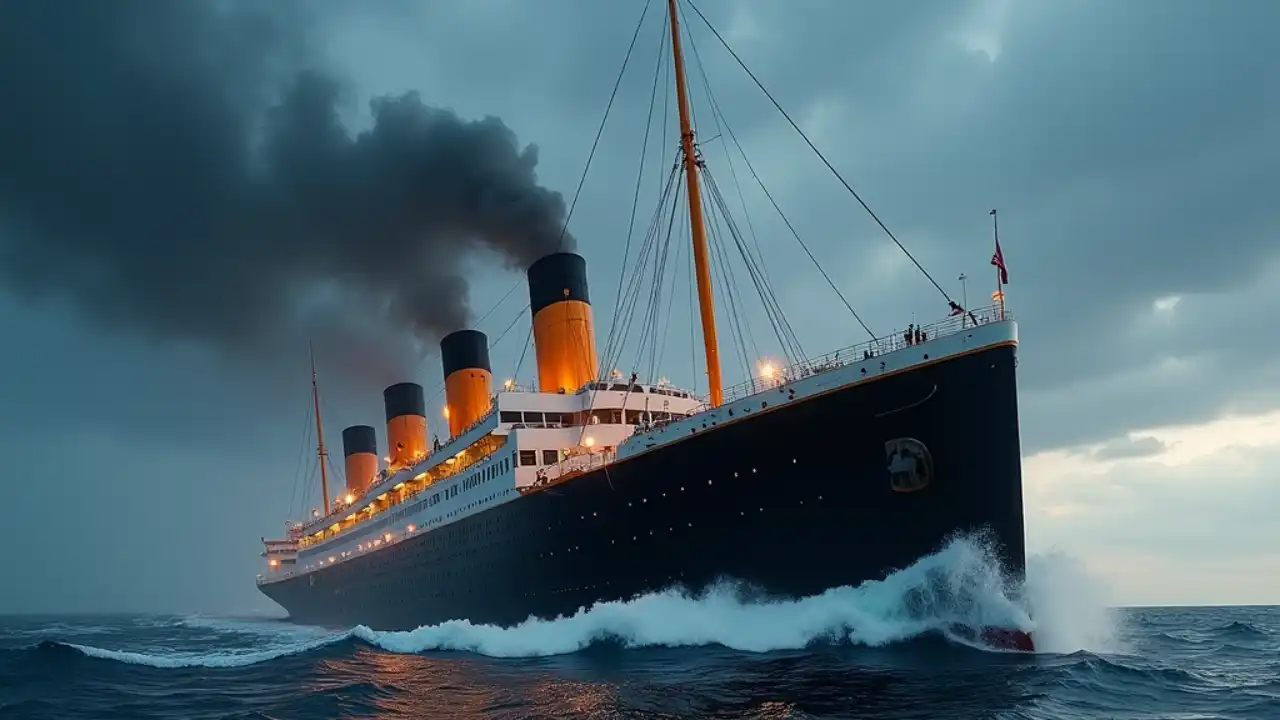 A serene ocean scene at dawn, showcasing a majestic, partially submerged Titanic, surrounded by delicate icebergs, glimmering water, and soft, golden sunlight