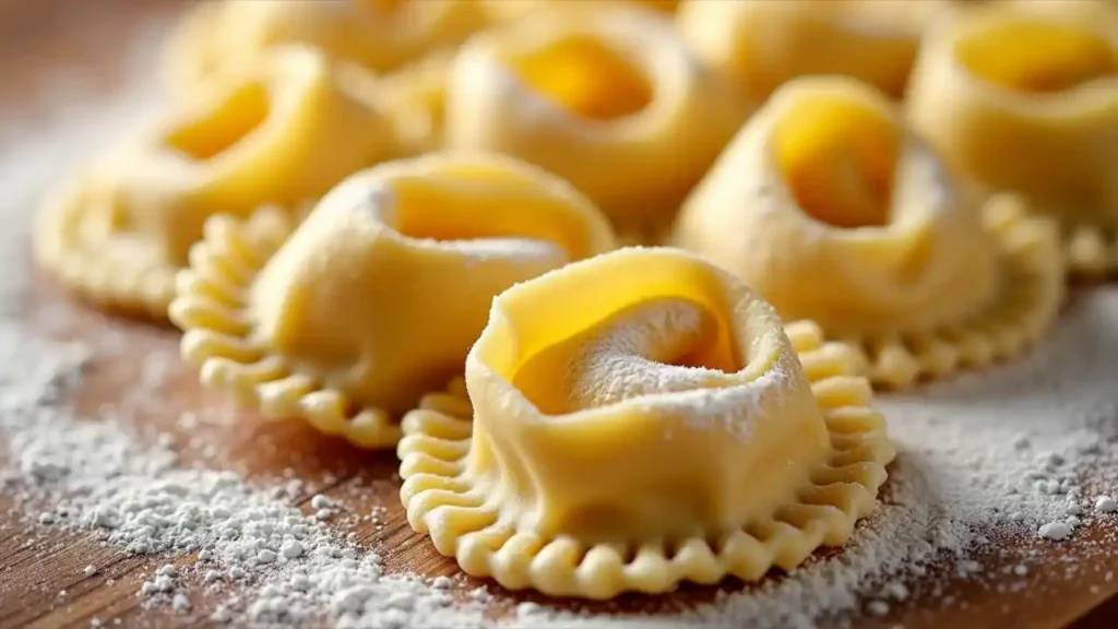 A close-up shot of homemade ring-shaped tortellini pasta arranged on a rustic wooden surface, showcasing their delicate folds and stuffed centers dusted with flour.