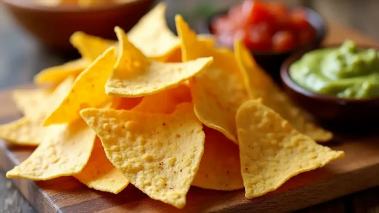 A colorful arrangement of crispy tortilla chips scattered on a rustic wooden surface, with a bowl of fresh salsa and guacamole for dipping
