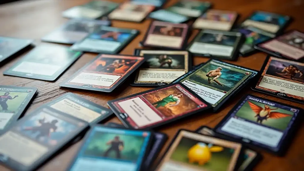 A colorful collection of trading cards spread out on a wooden table, featuring sports, Pokémon, and Magic: The Gathering cards, highlighting the celebration of National Trading Card Day