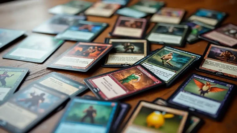A colorful collection of trading cards spread out on a wooden table, featuring sports, Pokémon, and Magic: The Gathering cards, highlighting the celebration of National Trading Card Day