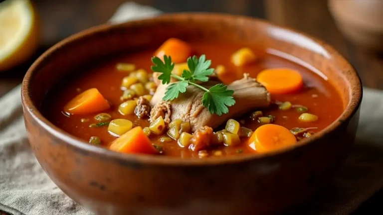 Warm bowl of turkey neck soup with fresh vegetables, celebrating National Turkey Neck Soup Day