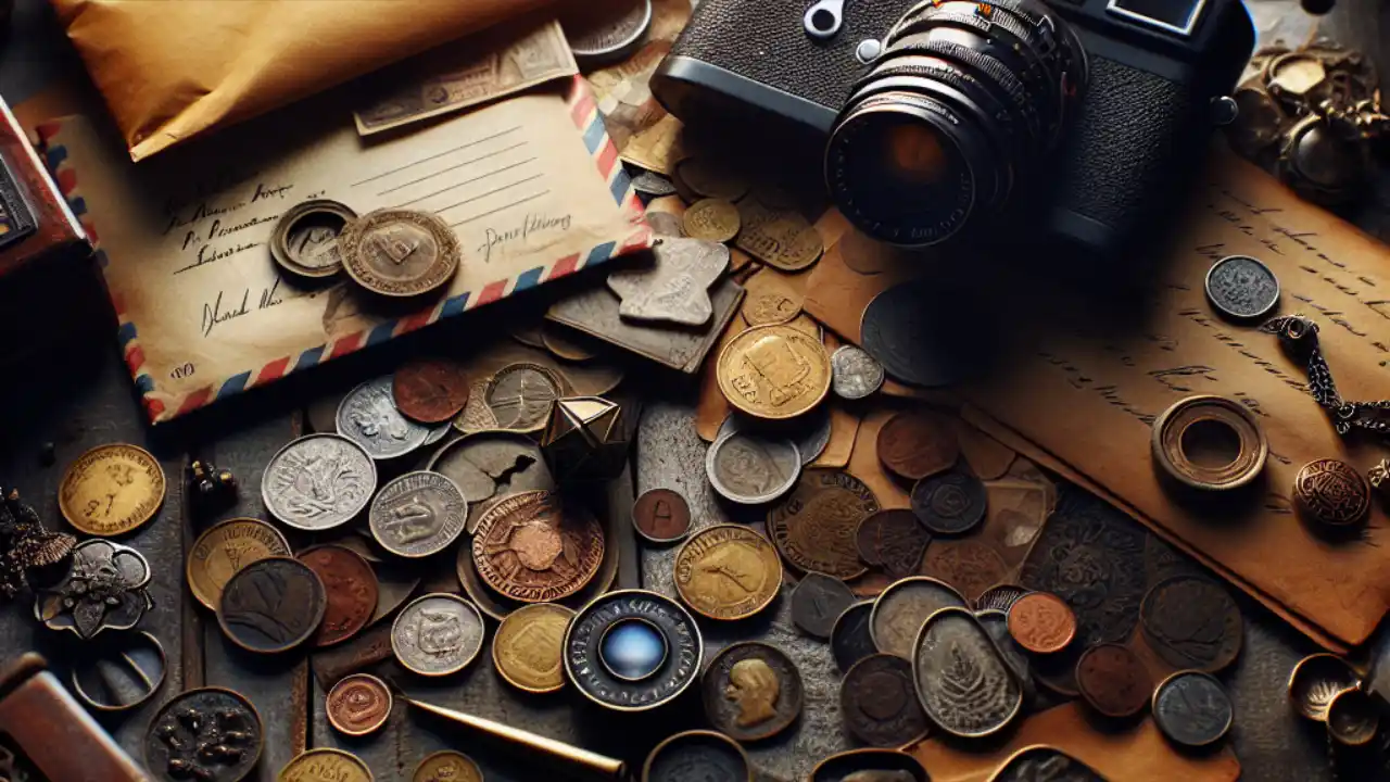 A stack of vintage envelopes, old coins, and forgotten jewelry scattered on a wooden desk, symbolizing unclaimed property waiting to be reunited with its rightful owners.