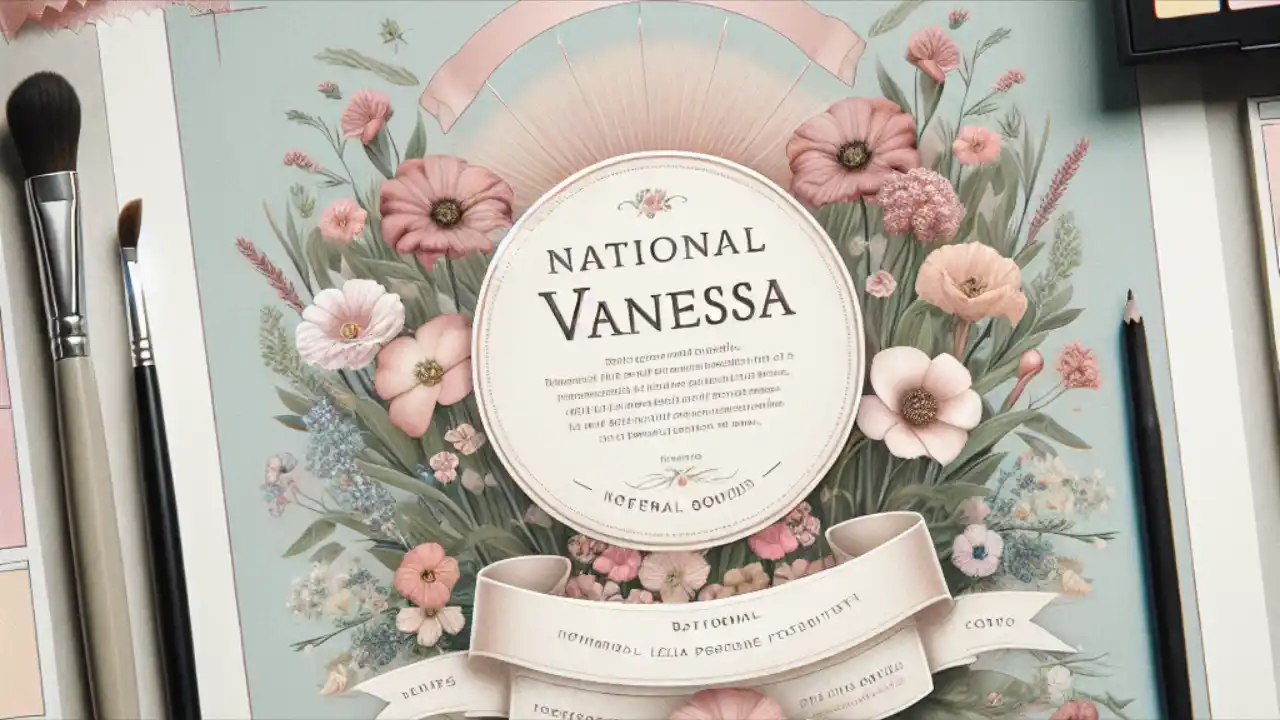 A decorative text banner displaying "National Vanessa Day" with elegant floral elements and feminine design elements in soft, pastel colors