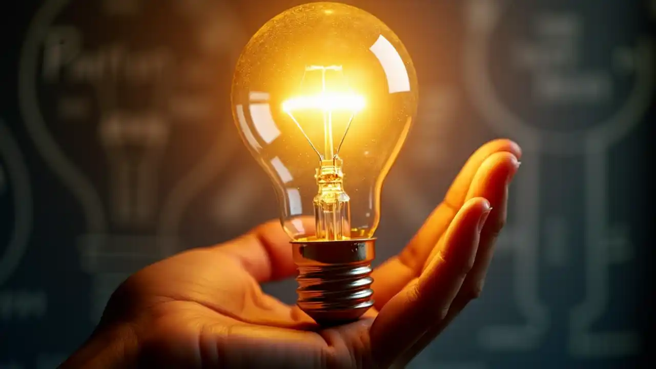 A hand holding a light bulb with glowing filaments, symbolizing innovation and invention, set against a dark background with patent sketches faintly visible in the background.