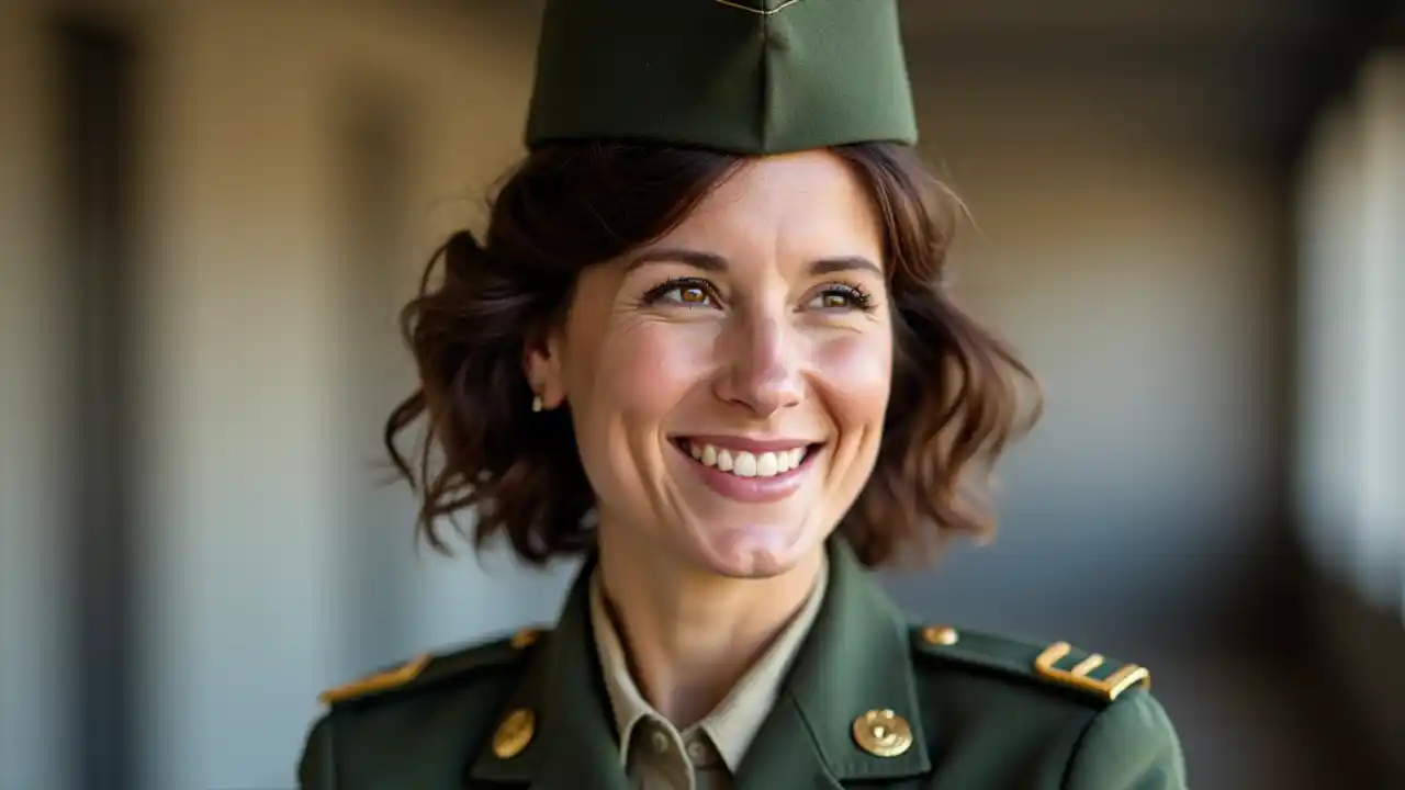 A female veteran in military uniform standing proudly with her service medals, smiling confidently while transitioning into her civilian career, symbolizing the strength and achievements of women veterans