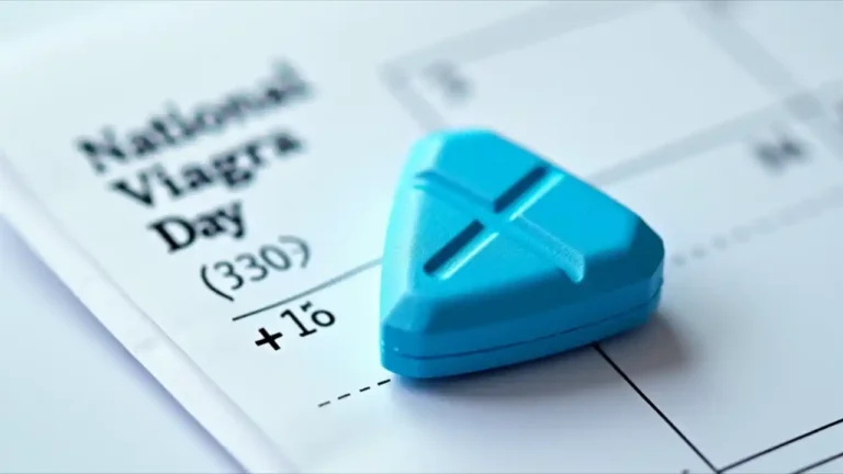 A blue diamond-shaped Viagra pill resting on a calendar page marked "March 27th - National Viagra Day" with a subtle medical cross symbol in the background