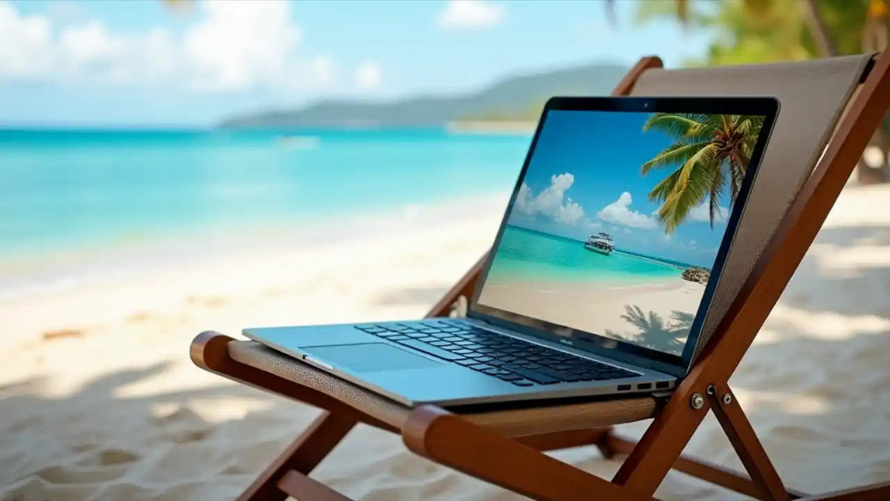 A serene beach scene with a laptop on a beach chair, displaying tropical paradise wallpaper, symbolizing the blend of digital exploration and dream vacation destinations.