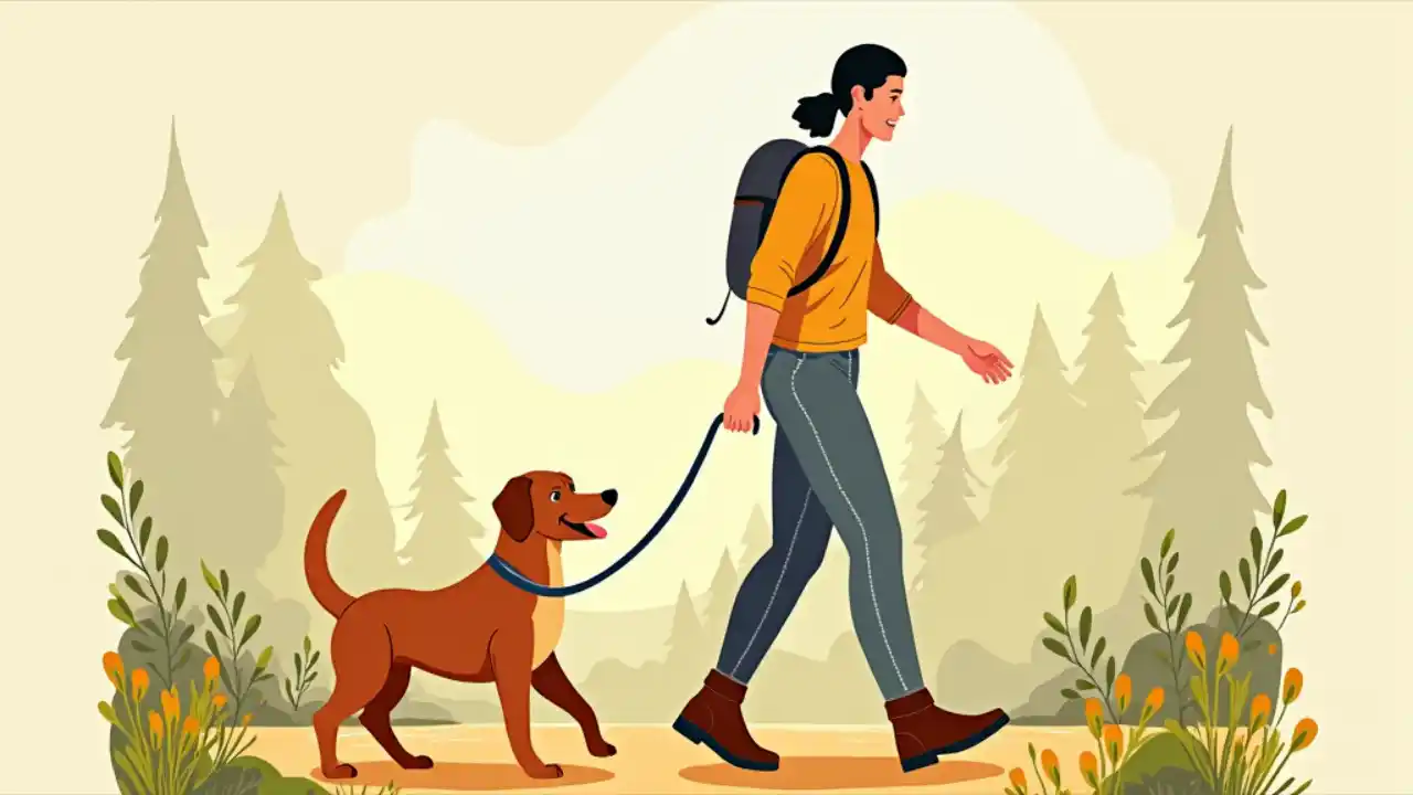 A happy dog and its owner walking together on a scenic path, with the dog on a leash and both enjoying their outdoor exercise time.