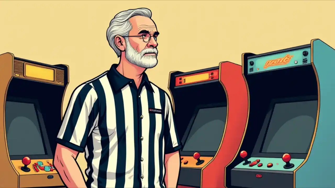 A portrait of Walter Day wearing his signature referee striped shirt and tie, standing next to classic arcade games from the 1980s. The image represents his pioneering role in competitive gaming and video game score tracking