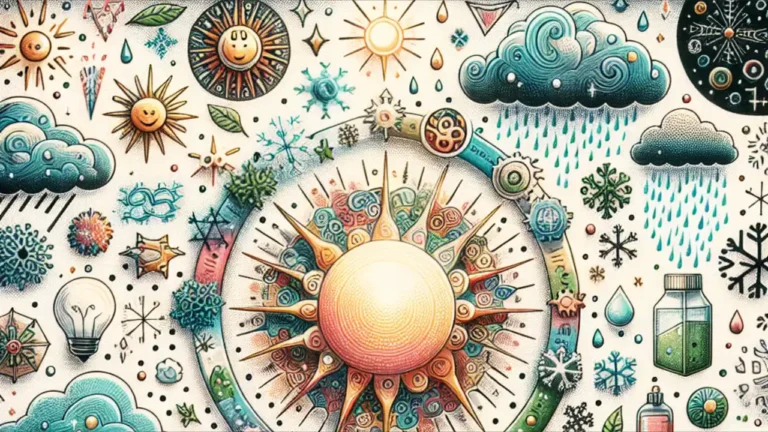 A vibrant illustration celebrating National Weather Day, featuring various weather symbols like sun, clouds, rain, and snowflakes