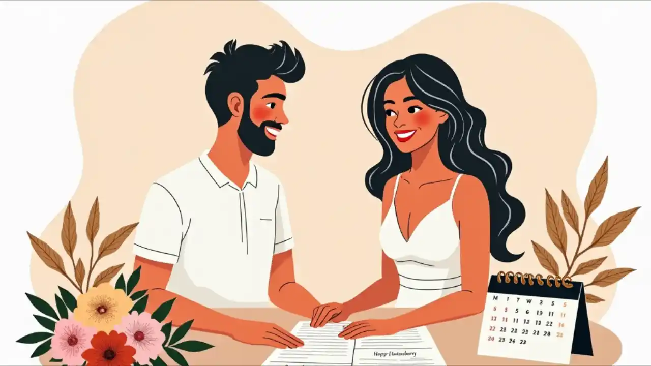 A happy couple reviewing wedding plans together, surrounded by a wedding planner, floral samples, and a calendar marked "March 1st - National Wedding Planning Day" in a bright, modern setting