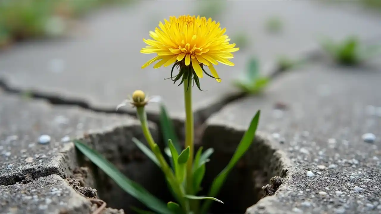 A dandelion growing through a crack in concrete, symbolizing the resilience and unexpected beauty of common weeds in urban environments.