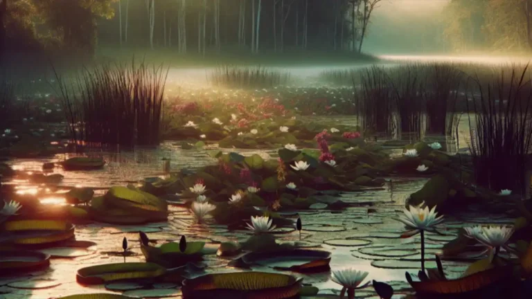 A scenic wetland landscape with water lilies floating on calm waters, surrounded by tall reeds and native vegetation, reflecting the importance of preserving these vital ecosystems