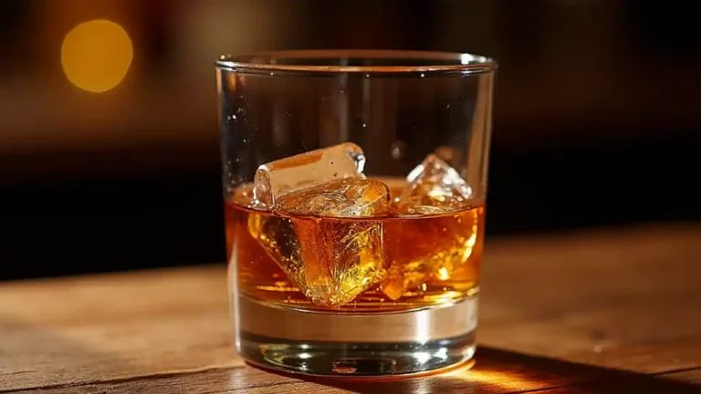 Glass of whiskey with ice on a wooden table for National Whiskey Day