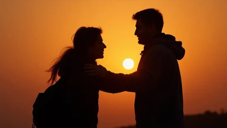A silhouette of two friends walking together at sunset, with one person giving a supportive pat on the back to the other, symbolizing the loyal and supportive role of a wingman