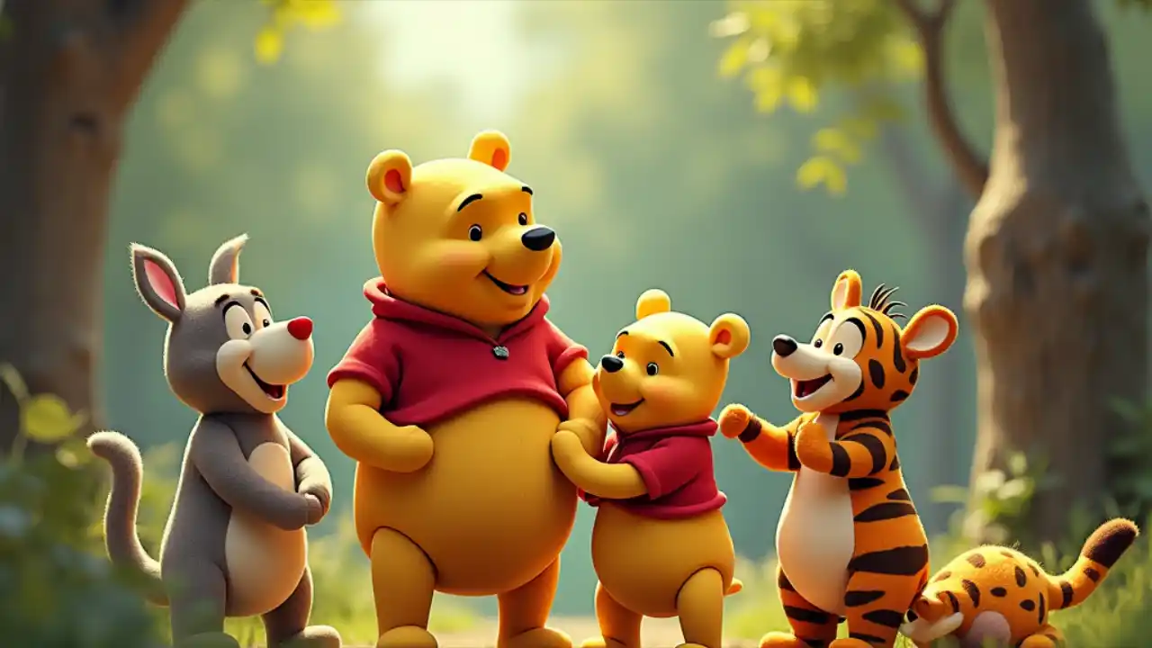 Celebration of National Winnie the Pooh Day with a whimsical illustration of Winnie the Pooh and friends in the Hundred Acre Wood