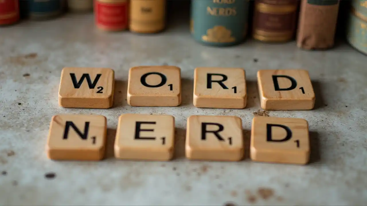 Books and Scrabble tiles spelling 'Word Nerd' to celebrate National Word Nerd Day