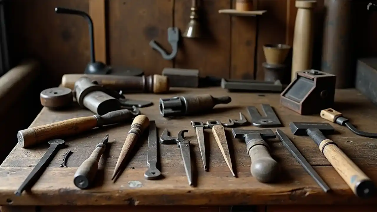 A vintage workbench displaying an artfully arranged collection of classic hand tools including hammers, wrenches, and screwdrivers against a warm wooden background, celebrating the craftsmanship and heritage of tools