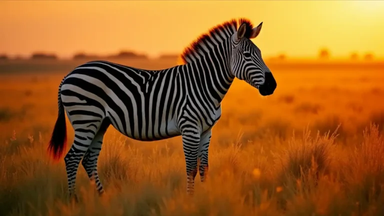 A black and white striped zebra standing in a savanna grassland against a golden sunset, highlighting its distinctive pattern and natural habitat